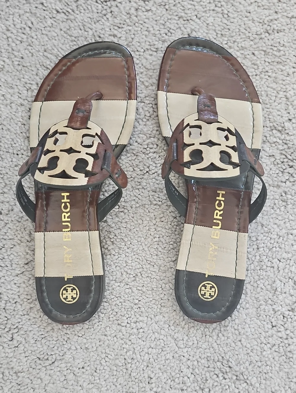 Tory Burch Brown and Cream Logo Leather Sandals